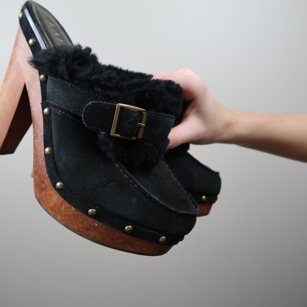 Ralph Lauren Black Suede Shearling Clog Heels with Brown Wood Platform